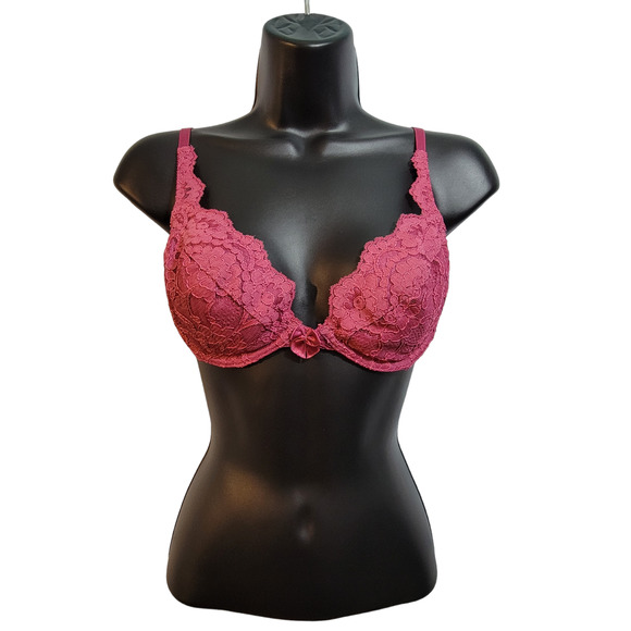 Victoria's Secret 34B Hot Pink‎ Lace Underwire Full Coverage Plunge Bra Bow USA - Picture 1 of 5
